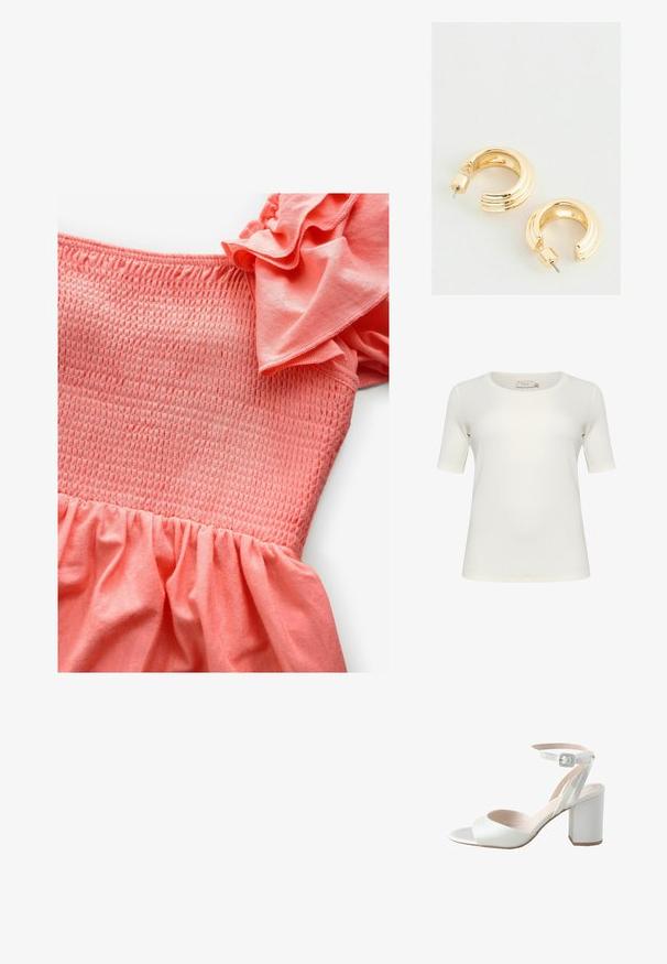 Lühikeste varrukatega t-särk heleses, pehmest puuvillast. Omab ümmargust kaelust ja sujuvat, kokkuõmblusteta tekstuuri. Ei mingeid silmapaistvaid aktsente.; Koraline kleit, millel on smockitud rinnaosa ja volangiga varrukad, valmistatud pehmest kangast. Seeliku tekstuur on kogutud.; Valge kõrge kontsaga sandaal läikiva satiinist pealsega, laia ploki kontsaga ja sääre nööriga, kus on väikene kinnitussalne. Pehme tekstuuriga, minimaalne disain.; Hõbedane metallik käekott struktureeritud kujuga, millel on ülemine sang ja ettepoole suunatud paeladetail. Sile tekstuur, peegeldav viimistlus.; Kuldtoonist rõngaste kõrvarõngad, millel on poleeritud viimistlus, voolitud disain ja klambri sulgemismehhanism. Ümar, paks kuju.