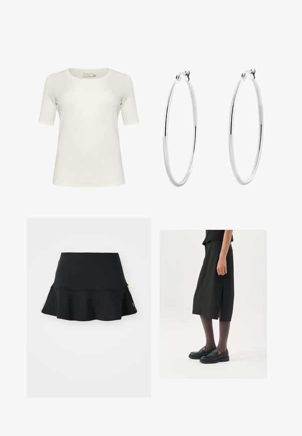 T-shirt à manches courtes en blanc cassé, fabriqué en coton doux. Dispose d'un col rond et d'une texture lisse et sans coutures. Pas d'accent notables.; adidas Originals SKIRT - Minijupe - black; Jupe noire mi-longue avec fente sur le côté, assortie à des mocassins noirs et des collants bruns transparents, dotée d'un tissu lisse et d'un design simple.; Boucles d'oreilles créoles en argent avec une finition lisse et polie, un design sans couture, comportant des bords arrondis et un fermoir sécurisé.