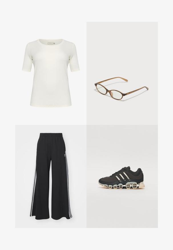 Short-sleeve t-shirt in off-white, made from soft cotton. Features a round neckline and a smooth, seamless texture. No notable accents.; Black wide-leg sweatpants with an elastic waistband, featuring white side stripes and an embroidered logo on the left thigh.; Black athletic shoe with a textured upper, three silver stripes, and a distinctive cushioning sole featuring multiple integrated sections.; Brown tortoiseshell glasses with oval lenses, thin arms, and transparent accents. Features a subtle logo on the temple. Sleek, lightweight design.; Black leather handbag with two short handles, silver hardware, white accents, and a white logo. Features a textured surface and compact design.