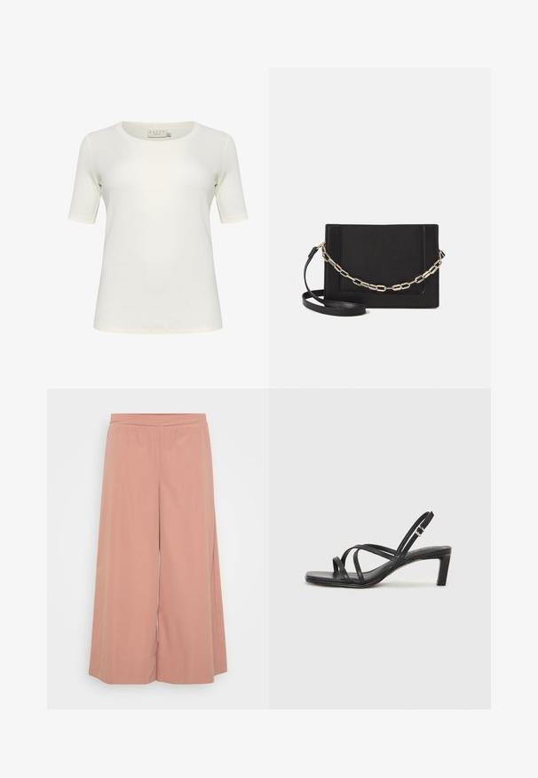 T-shirt a maniche corte di colore bianco sporco, realizzato in cotone morbido. Presenta un collo rotondo e una texture liscia e senza cuciture. Nessun accento particolare.; Pantaloni a gamba larga rosa realizzati in morbido tessuto, dotati di una vita elastica, texture liscia e un design ampio e fluido.; Sandalo nero con cinturini, dalla punta squadrata e tacco basso a blocco. Presenta diversi cinturini sottili e una cinturini regolabile alla caviglia. Realizzato in pelle liscia.; Borsa a tracolla nera in pelle con una texture liscia, forma rettangolare e dettaglio in catena metallica sul davanti. Inclusa una tracolla regolabile.; Anello doppio in argento con superficie liscia e lucida. Presenta un design fluido e curvo con sezioni sovrapposte per un aspetto moderno.