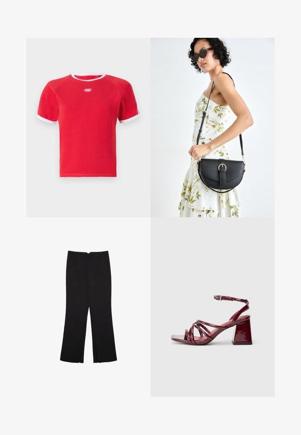 Röd bomullströja med vit kant vid kragen och ärmarna. Har rund hals och en logotyp i mitten. Kortsleeve design.; Svarta byxor med rak passform, utrustade med framfickor och sidoklyvningar vid fållen. Tillverkade av mjukt, slätt tyg. Lämpliga för olika tillfällen.; Patentbordeaux klacksandaler med fyrkantig tå, som har flera sammanflätade remmar och en kraftig blockklack. Justerbar ankelrem.; Svart läderhandväska med en böjd form, avtagbar rem och guldiga detaljer. Väskan har ett lock med en spänndetalj.