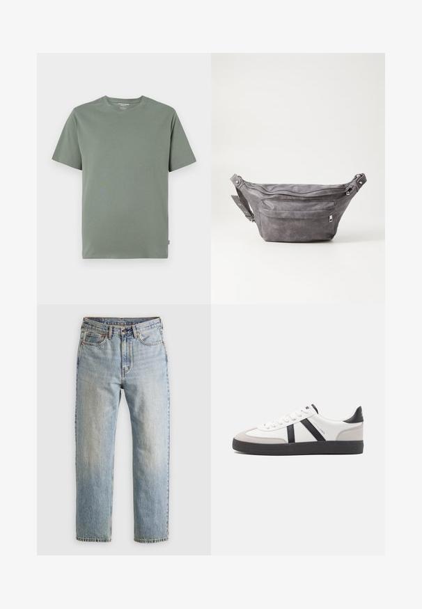 Krátký rukáv tričko ve světle zelené barvě, vyrobené z jemné tkaniny, s kulatým výstřihem a prošitým lemem, bez viditelných vzorů nebo potisků.; Svetle modré džíny z denimu s vysokým pasem, předním knoflíkem, zipem a designem s pěti kapsami, ležící rovně na neutrálním pozadí.; Bílé tenisky s černými a šedými akcenty, opatřené texturovaným šedým prstovým krytem, černou gumovou podrážkou a plochými bílými tkaničkami. Čistý design, minimalistický styl.; Šedý semišový ledvinka s kulatým tvarem, dvěma zipovými přihrádkami a nastavitelným popruhem. Obsahuje kovové akcenty.