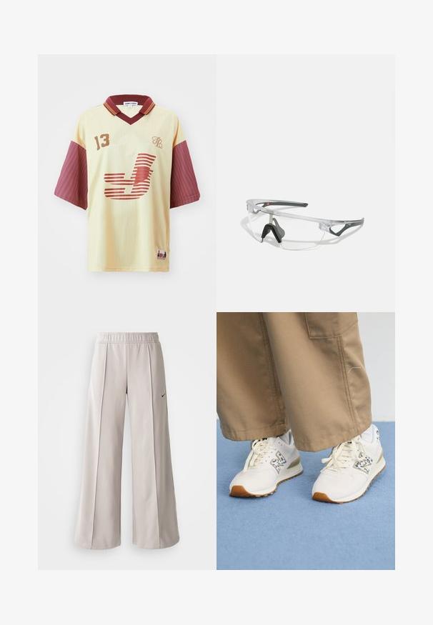 Világos sárga, rövid ujjú mez barna és bordó csíkos ujjal, nagy stilizált logóval, a "13"-as számmal és gallérral.; Világosszürke, bő szabású nadrág sima anyagból. Gumírozott derékrésszel és fekete Nike logóval a bal oldalon.; Fehér sportcipők, textúrált bézs gumitalppal. Kék állatmintás díszítéssel és lapos bézs cipőfűzővel rendelkezik, bézs nadrággal párosítva.; Áttetsző, könnyű keretes biztonsági szemüveg szürke kiegészítőkkel. Wraparound kialakítással és állítható orrnyereggel rendelkezik.