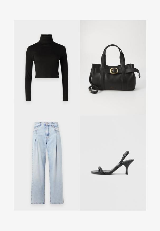 Schwarzes, geripptes Rollkragenoberteil mit langen Ärmeln und kurzem Saum; verfügt über ein kleines Logotag an der unteren linken Seite. Glatte Textur.; Helle blaue Denim-Jeans mit hoher Taille, weitem Beinschnitt, zwei seitlichen Taschen und gefaltetem Design. Weiche Textur mit einem ausgebleichten Finish.; Schwarze Leder-Sandalen mit hohen Absätzen, schlankem, gebogenem Absatz und gekreuztem Riemendesign. Verstellbarer Knöchelriemen. Glatte Textur.; Schwarze Lederhandtasche mit strukturiertem Design, doppelten oberen Griffen, goldfarbenem Schnallenakzent und geprägtem Markenlogo auf der Vorderseite.