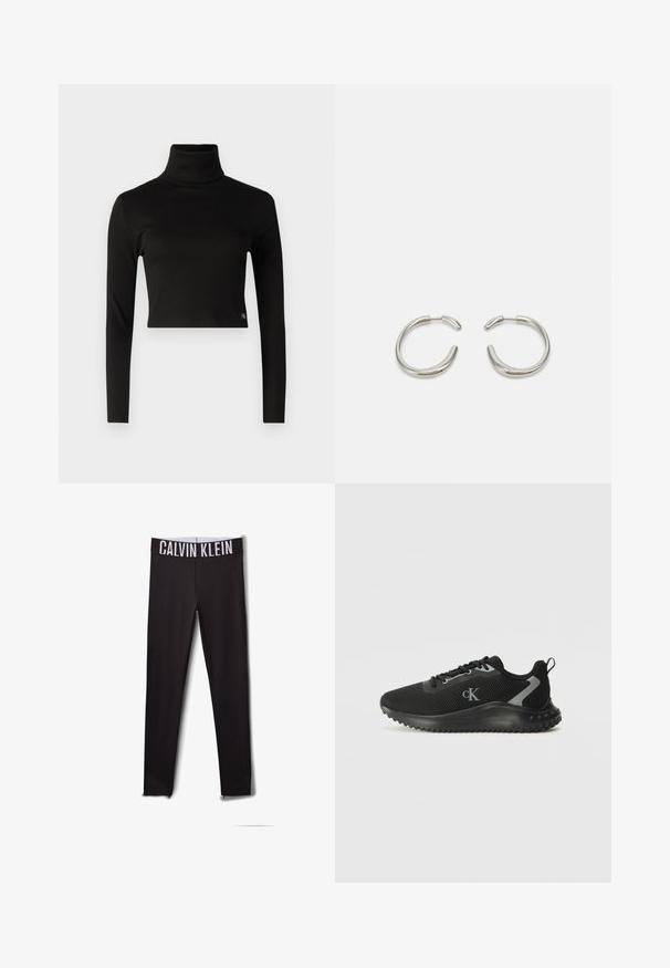 Melnā, ribota, augsta apkakle ar garām piedurknēm un īsu apdari; apakšējā kreisajā stūrī ir neliela logo etiķete. Gluda tekstūra.; Melni legingi ar balto "CALVIN KLEIN" logotipu jostasvietā. Gluda auduma, pieguļoša piegriezuma, ar acu akcentiem pie potītēm.; Melnas zemas sporta kedas ar elpojošu sietu, ar auklēšanas dizainu, faktūrētu zoli un "cK" logo sānos.; Sudraba riņķveida auskari ar gludu, noapaļotu dizainu un spīdīgu, pulētu apdari. Raksturīga minimālisma forma ar nelielu atvērumu.
