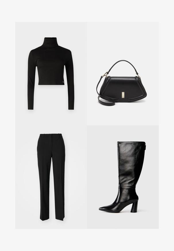 Fekete, bordázott garbó, hosszú ujjakkal és rövidített aljjal; a bal alsó részen kis logó címkével rendelkezik. Simasztikus.; Fekete, testhezálló nadrág egyenes szárú kivitelben, sima textúrával és éles redőkkel az elején. Nincs látható fémalkatrész.; Térd fölé érő fekete bőr csizma hegyes orral, sima felülettel és vastag sarkal. A hátsó részen cipzár részlet található.; Fekete bőr kézitáska, strukturált dizájnnal, rövidített formával, felső fogantyúval és arany színű kiegészítőkkel. Állítható vállpánt is tartozik hozzá.