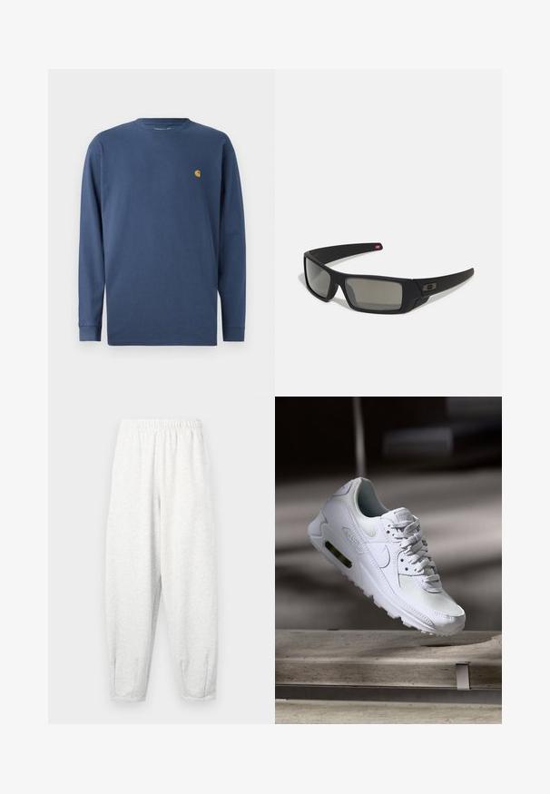 T-shirt in cotone navy a maniche lunghe con collo rotondo, caratterizzato da un piccolo logo dorato sul lato sinistro del petto. Tessuto morbido, vestibilità standard.; Pantaloni della tuta grigio chiaro realizzati in tessuto morbido, con vita elastica, gambe affusolate e polsini alla caviglia. Design semplice senza motivi.; Sneaker Nike Air Max 90 bianco con tomaia in mesh e pelle, punta forata e un'unità air visibile nel tallone.; Occhiali da sole neri con finitura opaca, lenti rettangolari, leggero curvatura sulle tempie, dettaglio logo discreto e lenti color fumo.