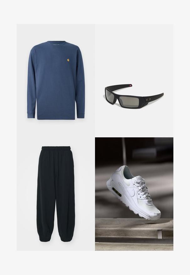 Námořnické modré bavlněné tričko s dlouhým rukávem a kulatým výstřihem, s malým zlatým logem na levém prsu. Měkká textura, standardní střih.; Černé teplákové kalhoty s elastickým pasem, volným střihem, manžetami na kotnících, hladkým povrchem a bez viditelných vzorů či kovových detailů.; Bílé tenisky Nike Air Max 90 s vrchním materiálem z textilu a kůže, perforovanou špičkou a viditelnou vzduchovou jednotkou v patě.; Černé sluneční brýle s matným povrchem, obdélníkové čočky, mírná křivka na spáncích, nenápadný detail loga a čočky s kouřovým zabarvením.