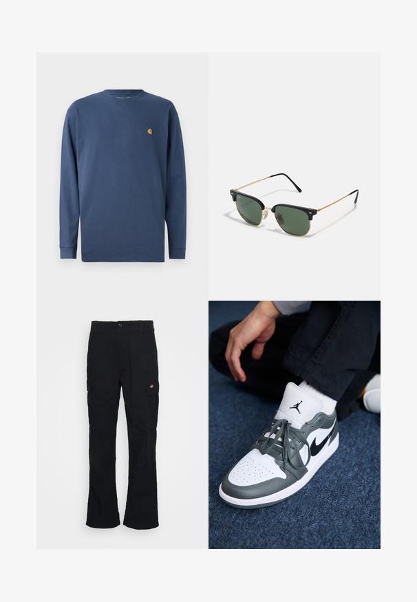 Marine langermet bomull T-skjorte med rund hals, med en liten gylden logo på venstre bryst. Myk tekstur, standard passform.; Svarte cargo bukser med rett ben-design, laget av slitesterk stoff, med sidelommer og et patch-logo på venstre side.; Nike Air Jordan 1 sneakers i hvit og grå skinn, med en svart logo, perforert tå og flate grå snøring.; Solbriller med grønne linser, svart plast overramme, gullfargede metall detaljer, og slanke svarte stenger. Har et karakteristisk brodesign.