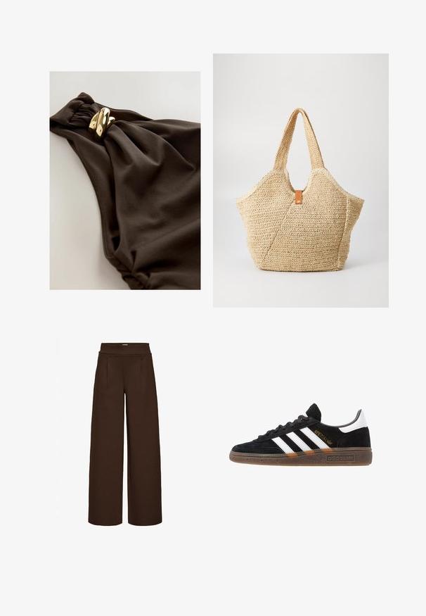 Tmavohnedé plavky s designom z nahrabanej látky, so skrúteným akcentom a detailmi z pozláteného kovu. Hladká textura.; Hnedé široké nohavice vyrobené z hladkej tkaniny, s vysokým pásom a dvoma prednými plisovaním, navrhnuté na voľný strih.; Čierne tenisky Adidas so bielymi pruhmi, zlatým textom "Spezial", gumenou podrážkou a bielym zadným pútkom, zobrazené z bočného pohľadu.; Veľká slamienková taška s texturovaným béžovým povrchom a dvoma širokými uchami. Obsahuje kožený akcentový popruh na uzatvorenie.