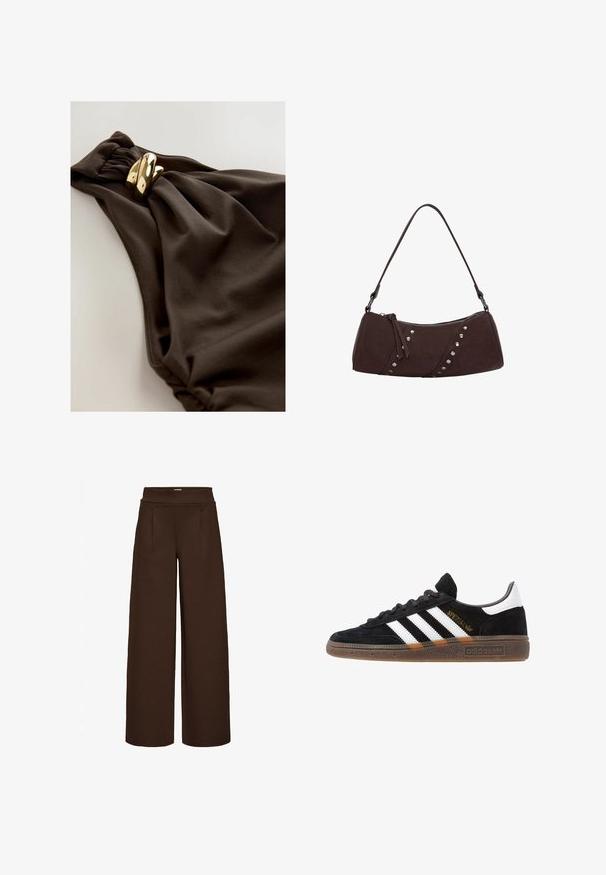Maillot de bain brun foncé avec un design en tissu froncé, accent tordu et détails en métal doré. Texture lisse.; Pantalons larges marron en tissu lisse, dotés d'une taille haute et de deux plis frontaux, conçus pour un ajustement ample.; Baskets Adidas noires avec rayures blanches, inscription dorée "Spezial", semelle en gomme et languette blanche au talon, présentées en vue de profil.; Sac à main en cuir synthétique marron avec une forme courbée, fermeture à zip et clous décoratifs argentés le long d'un côté. Dispose d'une courte bandoulière.