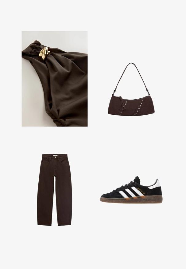 Dark brown swimsuit featuring a gathered fabric design with a twisted accent and gold-tone metal hardware detail. Smooth texture.; Brown denim jeans with a relaxed fit, featuring five pockets, belt loops, and a classic zip fly. Smooth texture and straight leg design.; Black Adidas sneaker with white stripes, gold "Spezial" text, gum sole, and white heel tab, shown in profile view.; Brown synthetic leather handbag with a curved shape, zipper closure, and decorative silver studs along one side. Features a short shoulder strap.