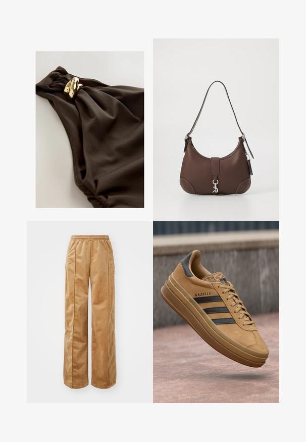 Donkerbruine zwemkleding met een ontworpen stof met plooien, een gedraaide accent en details van goudkleurig metaal. Soepele textuur.; Tan wijde broek van zacht, fluweelachtig materiaal. Voorzien van een elastische tailleband en verticale naden aan de voorkant voor extra detail.; Tansuede sneakers met een gladde textuur, voorzien van drie donkere strepen, een ronde neus en een dikkere zool met een gemarmerde rand.; Bruine leren handtas met een ronde vorm, zilveren hardware en decoratieve stiksels. Beschikt over een schouderband en een klittenbandsluiting.