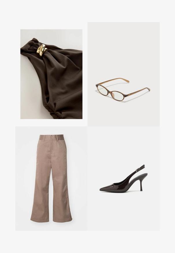 Tamsiai ruda maudymosi kostiumėlis su susiraukšlėjusios medžiagos dizainu, su susuktos detalės ir aukso spalvos metalinėmis detalėmis. Lygus paviršius.; Rudos medvilnės plačios kojų kelnės su aukštu liemeniu, priekinėmis kišenėmis ir lygiu paviršiumi. Apačia šiek tiek išplėsta.; Blizganti tamsiai ruda lakinės odos aukšto kulno bateliai, smailus nosis, atviros šoninės dalys ir reguliuojamas kulkšnies dirželis.; Rudos aukso dėklai su ovaliais lęšiais, plonomis kojelėmis ir skaidriais akcentais. Ant šventyklos yra subtilus logotipas. Plonas, lengvas dizainas.; Juoda odinė rankinė su užtrauktuku, sidabriniais elementais, dviem priekiniais kišenėmis, kontrastingomis siūlėmis ir nuimamu peties diržu.