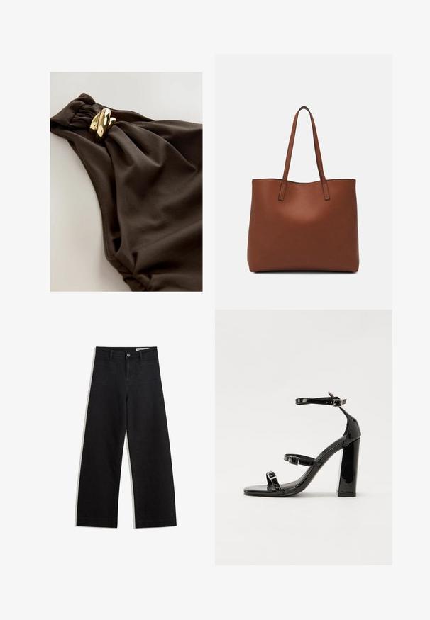 Maillot de bain brun foncé avec un design en tissu froncé, accent tordu et détails en métal doré. Texture lisse.; Pantalon en denim noir à jambes larges avec une taille haute, comprenant des poches avant et arrière, des coutures piquées et une fermeture à bouton. Texture lisse.; Sandales à talons hauts en cuir verni noir avec deux brides à boucles, bout carré et talon bloc épais, présentant une texture lisse et brillante.; Sac fourre-tout en cuir marron avec une texture lisse, design à ouverture supérieure et deux poignées pour le porter à l'épaule. Présente des coutures minimales et aucun matériel visible.