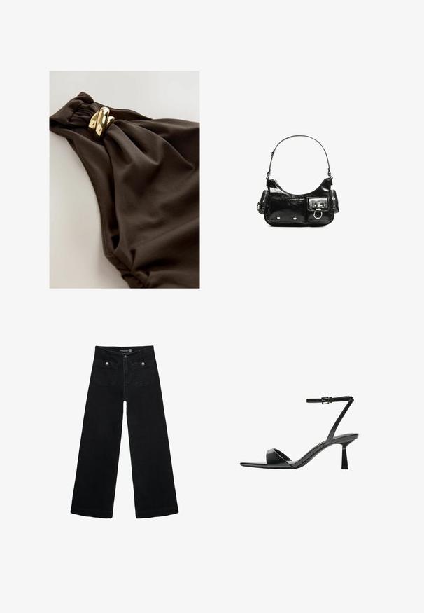 Maillot de bain brun foncé avec un design en tissu froncé, accent tordu et détails en métal doré. Texture lisse.; Jean's larges noires avec taille haute, dotés de deux poches avant et d'accents en métal sur les boutons. Le tissu a une texture lisse.; Bershka Sandales à talons hauts - black; Sac à main en cuir verni noir avec une forme incurvée, une bandoulière, des poches avant et des accents en métal argenté.
