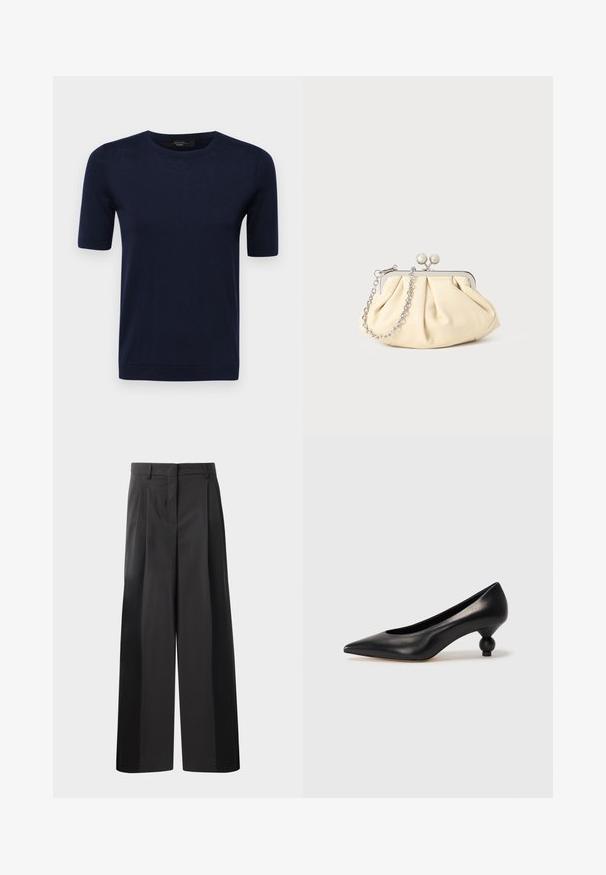 Weekend Max Mara AGRO - T-paita - blu; Mustat, leveälahkeiset housut korkealla vyötäröllä, etupleiteillä, sileällä pinnalla ja huolitellulla viimeistelyllä. Suunniteltu rentoon istuvuuteen.; Musta nahkakengät korkealla korolla, joissa on terävä kärki ja pyöreä, pallomainen korko. Sileä pinta ja tyylikäs, minimalistinen muotoilu.; Beige nahkaista kassi, jossa on laskostus ja hopeinen metallirunko, kaksi pyöreää koristeellista solkea sekä hopeaketjuolkayh.