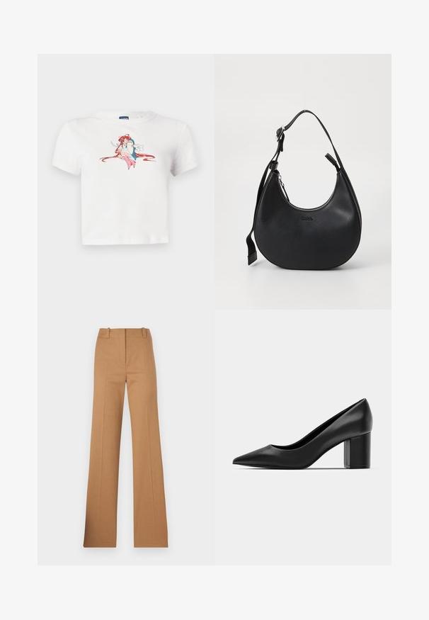 Balts īsais T-krekls, izgatavots no kokvilnas, ar grafisku attēlu, kurā attēlots varonis ar sarkaniem matiem un rozā akcentiem, apaļa kakla izgriezums, īsas piedurknes.; HUGO HULANA - Chinos tipa bikses - open brown; Melnas ādas kurpes ar smailu purngalu un masīvu kvadrātveida papēdi. Gluda tekstūra, vienkāršs dizains, piemērots oficiālām vidēm.; Melnā ādas plecu soma ar izliekta veida formu, ar rāvējslēdzēju un regulējamu siksniņu. Priekšpusē ir iespiests zīmola logo.