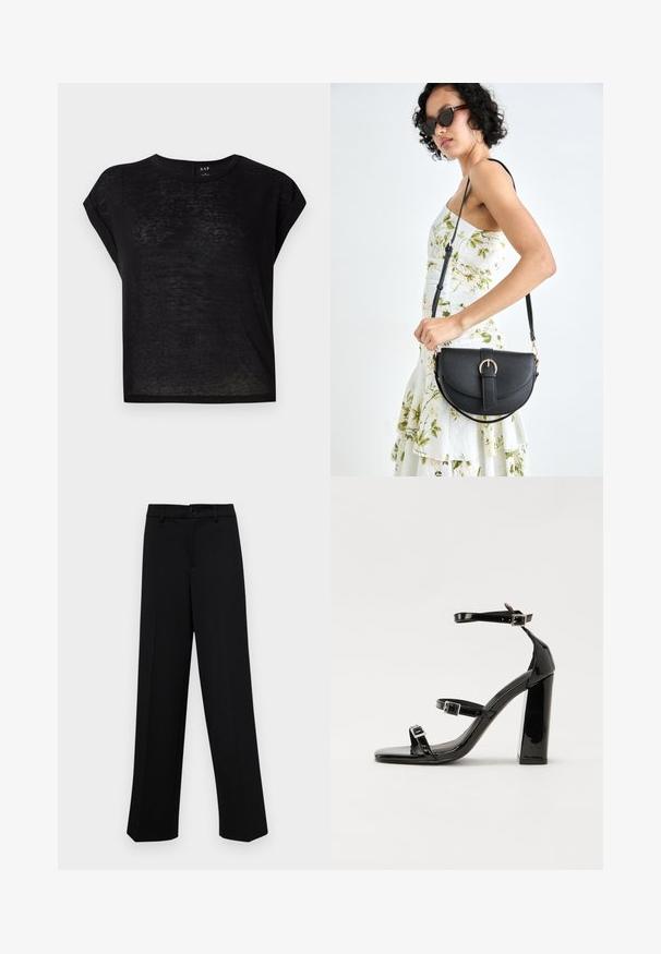 Melnas īsām piedurknēm T-krekls ar brīvu piegriezumu. Izgatavots no viegla, nedaudz caurspīdīga auduma. Ar apaļu kakla izgriezumu un sarullētām piedurknēm.; Melnas platajās bikses, kas izgatavotas no gludas auduma, ar klasisku jostu un pogu aizdari, kā arī priekšējām kroku detalizācijām.; Melnas lakotas augstpapēžu čības ar kvadrāta purngalu, potīšu siksniņām un sudraba sprādzēm. Aprīkotas ar masīvu bloku papēdi stabilitātei.; Melnas ādas rokassoma ar izliekta formu, noņemamu siksnu un zelta aksesuāriem. Somai ir vāciņš ar sprādzes detaļu.