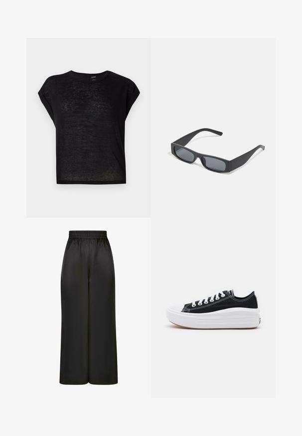 Sort kortærmet t-shirt med en afslappet pasform. Fremstillet af letvægts, let gennemsigtigt stof. Har en rund halsudskæring og oprettede ærmer.; Sorte brede bukser lavet af glat, skinnende stof med elastisk talje og uden synlige lommer eller hardwaredetaljer.; Sorte kanvas sneakers med hvide snørebånd, hvid gummitåhætte og en kraftig hvid mellemsål. Har diskret hvid syning og en gummisål.; Sorte rektangulære solbriller med mørke linser og tykke matte stel. Armen er let tilspidset med en glat overflade.