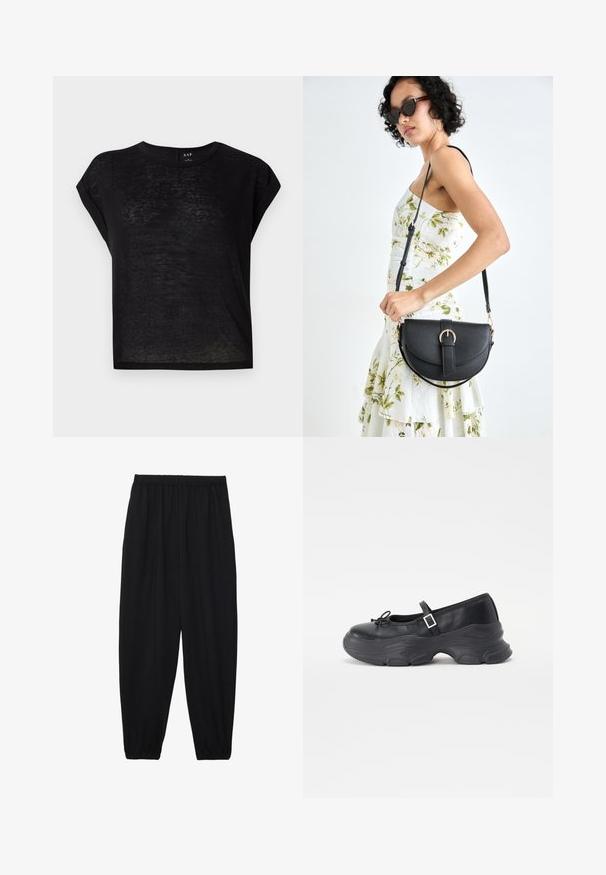 Black short-sleeve t-shirt with a relaxed fit. Made of lightweight, slightly sheer fabric. Features a round neckline and rolled sleeves.; Black, lightweight pants with an elastic waistband and gathered ankles. The fabric is smooth and features a relaxed, tapered design.; Black leather Mary Jane shoe with a rounded toe, bow detail, and an adjustable ankle strap. Features a chunky rubber sole with curved accents.; Black leather handbag with a curved shape, detachable strap, and gold hardware. The bag features a flap with a buckle detail.