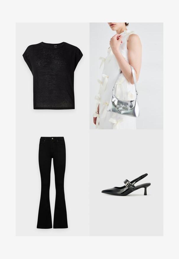 Crna majica s kratkim rukavima, opuštenog kroja. Napravljena od lagane, blago prozirne tkanine. Ima okrugli izrez i savijene rukave.; Crne traperice viskog struka s kopčanjem na gumb i rajfeslusu, prednjim džepovima i širom nogavicama položene su ravno na bijeloj pozadini.; Crne lakirane slingback potpetice s oštrim prstom i malom blok petom, s naglaskom na srebrnoj kopči na remenu.; Srebrna metalik torbica sa strukturiranim oblikom, s gornjom drškom i detaljem mašne sprijeda. Glatka tekstura, reflektirajući finiš.
