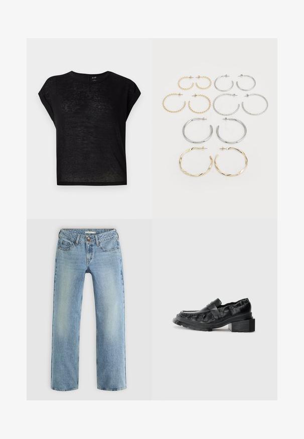 Musthave lühikese varrukaga must T-särk, millel on mugav lõige. Valmistatud kergest, veidi läbipaistvast kangast. Omab ümmargust kaelust ja ülespoole rullitud varrukaid.; Heledad sinise värvi sirged teksapüksid, mis on valmistatud denimist, varustatud nupuluku ja viie taskuga, ning neil on jalgadele peened hajumised.; Mustad nahast loafers, millel on struktureeritud tald, kergelt tõstetud plokknina konts ja tekstureeritud ülaserv, mis on kinnitatud ees oleva rihmaga.; Kaksitoista rõngaskõrvarõngast hõbe- ja kuldtoonides. Sisaldab keerutatud, siledat ja tekstureeritud disaini erinevates suurustes ja viimistlustes.