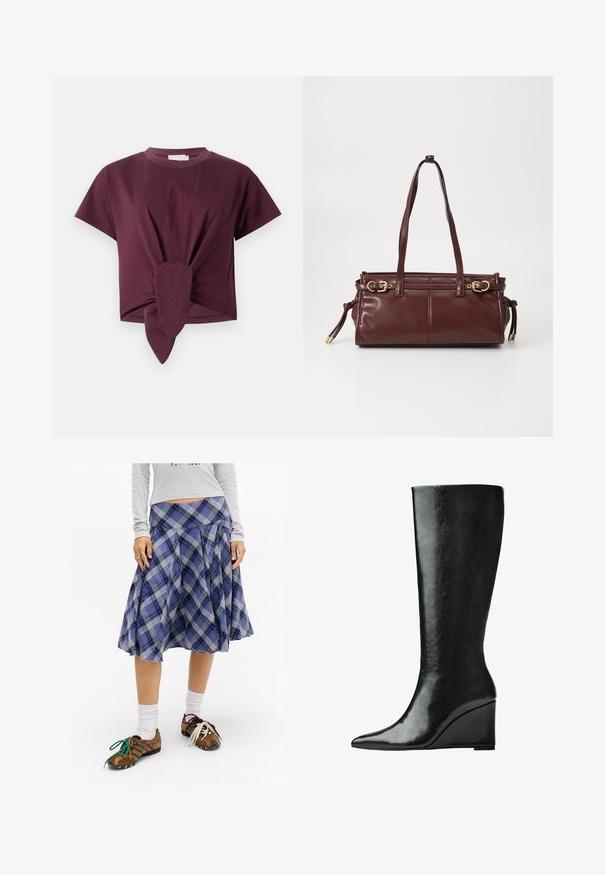 Burgundská tričká s krátkym rukávom vyrobené z bavlny, s uzlovým detailom v oblasti pása a klasickým dizajnom okrúhleho výstrihu.; Modrá kockovaná midi sukňa s záhybmi, vyrobená z mäkkej látky. Skombinovaná s hnedými topánkami s farebnými šnúrkami a bielymi ponožkami.; Čierne kožené topánky po kolená s úzkym, špicatým nosom a klínovým podpätkom. Povrch je hladký s lesklým povrchom.; Bordová kožená kabelka s dvoma ramennými popruhmi, zlatým kovovým hardvérom a zipsovým uzáverom. Má hladkú textúru a jemné detaily šitia.