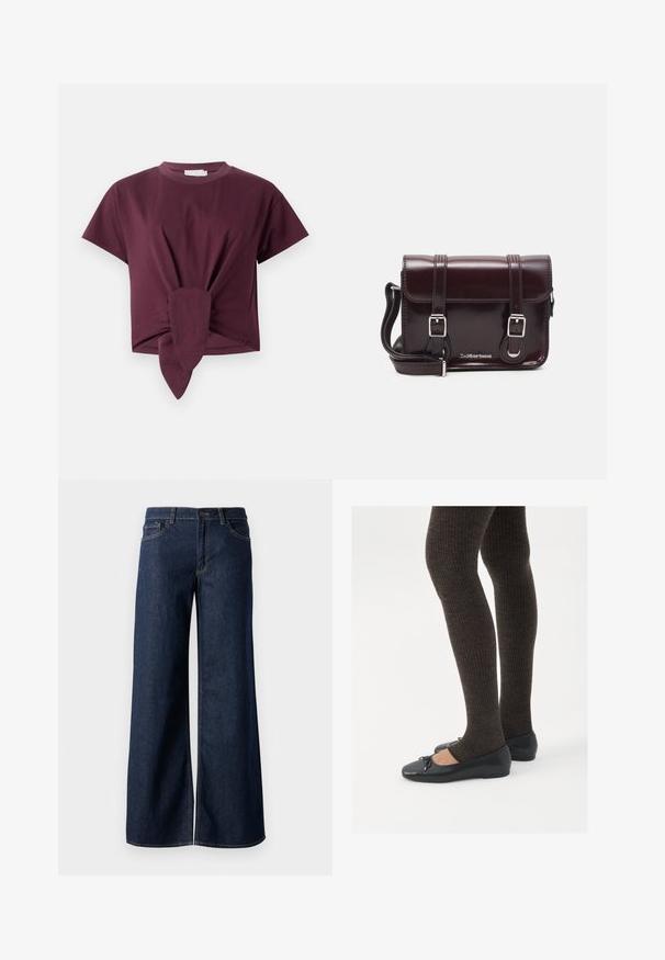 Burgundi színű, rövid ujjú pamut póló, deréknál csomózott részlettel és klasszikus kerek nyakkivágással.; Sötét kék farmer széles lábú nadrág. Kontrasztos varrással, öt zsebhálóval és gombos derékzárással rendelkezik. Simás textúra.; Fekete lapos cipők kis masni díszítéssel az orrán, sötétbarna bordázott harisnyával párosítva. A cipők sima textúrával és alacsony profilúak.; Burgundy lakkbőr keresztpántos táska téglalap alakú, két pánttal, ezüst színű szerelvényekkel és fedélzárral.