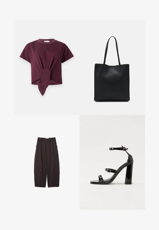 T-shirt bordeaux a maniche corte realizzato in cotone, con un dettaglio annodato in vita e un classico design con colletto tondo.; Pantaloni neri a gamba larga realizzati in un tessuto morbido, con vita alta, pieghe frontali e tasche laterali. Design semplice senza decorazioni.; Sandali con tacco in vernice nera, con punta squadrata, cinturini alla caviglia e fibbie in argento. Presentano un tacco a blocco spesso per maggiore stabilità.; Borsa tote in pelle nera con texture liscia, forma rettangolare e due manici lunghi. Nessun hardware o decorazione visibile.