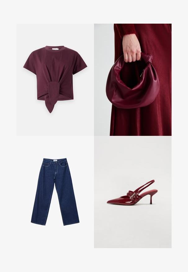 Bordeaux kortærmet t-shirt lavet af bomuld, med en knude detalje i taljen og et klassisk rund halsudskæring.; Bredde ben mørkeblå denimjeans med knaplukning, fem lommer og kontrasterende hvid syning. Stoffet har en glat, let struktureret overflade.; Røde patenteret læder slingback hæle med spids tå, to spændebånd og en slank, mellemhøj stiletto hæl. Glat tekstur.; Bordeaux læderhåndtaske med et blødt, samlet design og en rund form. Håndtaget er sikret og viser en glat tekstur.