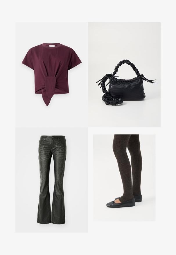 Bordeaux kortærmet t-shirt lavet af bomuld, med en knude detalje i taljen og et klassisk rund halsudskæring.; Sorte faux læder flared jeans med forlommer, en metalknaplukning og en let tekstureret overflade. Ret ben med en lang skæring.; Sorte flade sko med en lille sløjfedetalje ved tåen, parret med mørkebrune ribbede strømpebukser. Skoene har en glat overflade og lav profil.; Sort kunstlæder håndtaske med krokodilteksur, indsnøret top og en sammenkrøben rem. Ser blød og kompakt ud i designet.