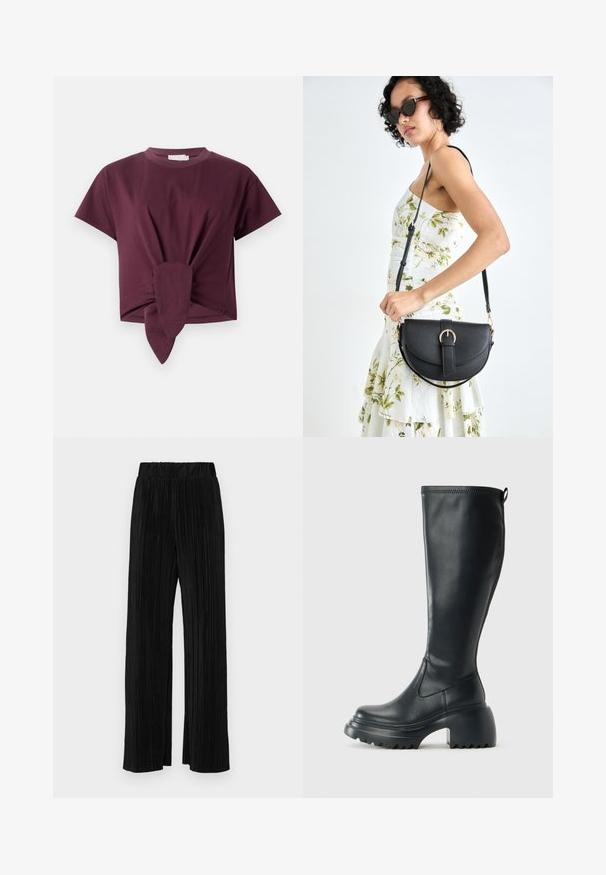 T-shirt de manga curta bordeaux feito de algodão, com um detalhe de nó na cintura e um design clássico de gola redonda.; Calças pregueadas pretas com uma cintura elástica. Apresentam pernas largas e um tecido liso, texturizado com riscas verticais.; Bota preta de couro alta com sola de plataforma robusta e salto bloco, apresentando puxador e padrão texturizado na sola.; Bolsa de couro preta com forma curva, alça destacável e detalhes em dourado. A bolsa possui uma aba com detalhe de fivela.