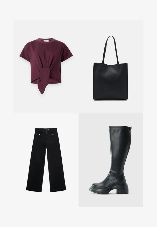 Burgundska majica s kratkimi rokavi iz bombaža, z vozlom na pasu in klasičnim krojem ovratnika.; Črne široke kavbojke z visokim pasom, ki imajo dva sprednja žepa in kovinske gumbi. Tkanina ima gladko teksturo.; Visoka črna usnjena škornja s debelim podplatnim solejem in blok peto, opremljena s potegom in strukturiranim profilom na podplatu.; Črna usnjena torba s svilnato teksturo, pravokotne oblike in dvema dolgima ročajema. Brez vidnih metalnih delov ali okrasnih elementov.