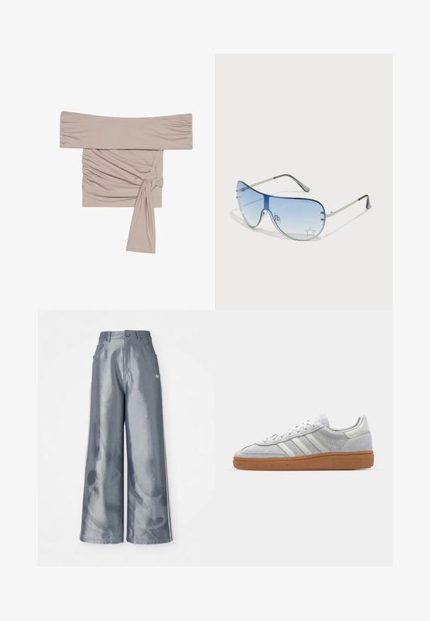 Beige schulterfreies Oberteil aus weichem Stoff, mit gerafften Seitendetails und einer gebundenen Akzentuierung an der Taille. Glatte Textur und enganliegende Passform.; Weite Hose aus glänzendem grauem Material, ausgestattet mit weißen seitlichen Streifen und einem Flammenmuster an den Unterschenkeln. Knopf- und Reißverschlussverschluss an der Taille.; Hellgraue Wildledersneaker mit weißen Lederakzenten, drei weißen Streifen und einer braunen Gummisohle, ausgestattet mit einem gepolsterten Kragen für zusätzlichen Komfort.; Flugzeugbrille mit einem verlaufenden blauen Glase, silbernem Metallrahmen und dekorativen Sternelementen auf dem Glas. Glattes und elegantes Design.