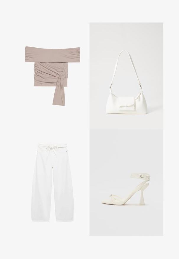 Beige off-shoulder top made from soft fabric, featuring gathered side detailing and a tied accent on the waist. Smooth texture and snug fit.; White wide-leg pants made of lightweight fabric, featuring a drawstring waist, two front pockets, and simple metal hardware accents.; Strappy high-heeled sandal in white leather with a sleek design, a transparent block heel, and a decorative element at the toe.; White synthetic handbag with a triangular shape, flat front flap and bow detail, adjustable strap, smooth texture, and minimalistic design.