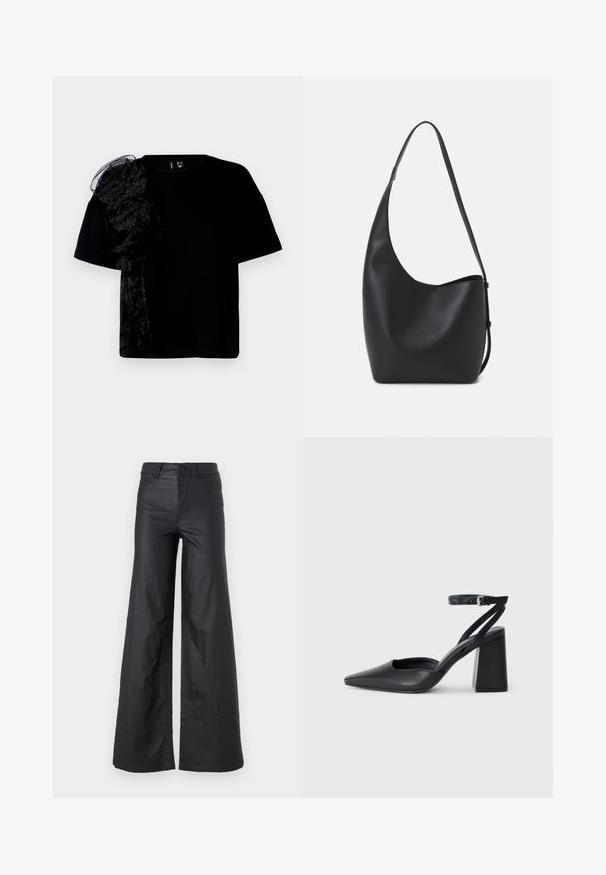 Μαύρο κοντομάνικο t-shirt με υφή μαύρης δαντέλας στη αριστερή ωμίλη. Κλασικό στρογγυλό λαιμόκομμα με χαλαρή εφαρμογή.; Μαύρο παντελόνι φαρδιάς γραμμής σε υλικό με faux δερματίνη. Διαθέτει ψηλή μέση, θηλιές ζώνης, δύο μπροστινές τσέπες και ραφές λεπτομέρειας.; Μαύρο δερμάτινο ψηλοτάκουνο παπούτσι με οξύ μυτερό τόξο, λουράκι στον αστράγαλο και χοντρό τακούνι. Λείος υφασματισμός, κομψός σχεδιασμός και μινιμαλιστική αισθητική.; Μαύρη δερμάτινη tote τσάντα με λείο υφή, καμπύλο σχήμα και μία ρυθμιζόμενη ζώνη. Διαθέτει μεγάλη άνοιγμα στην κορυφή.