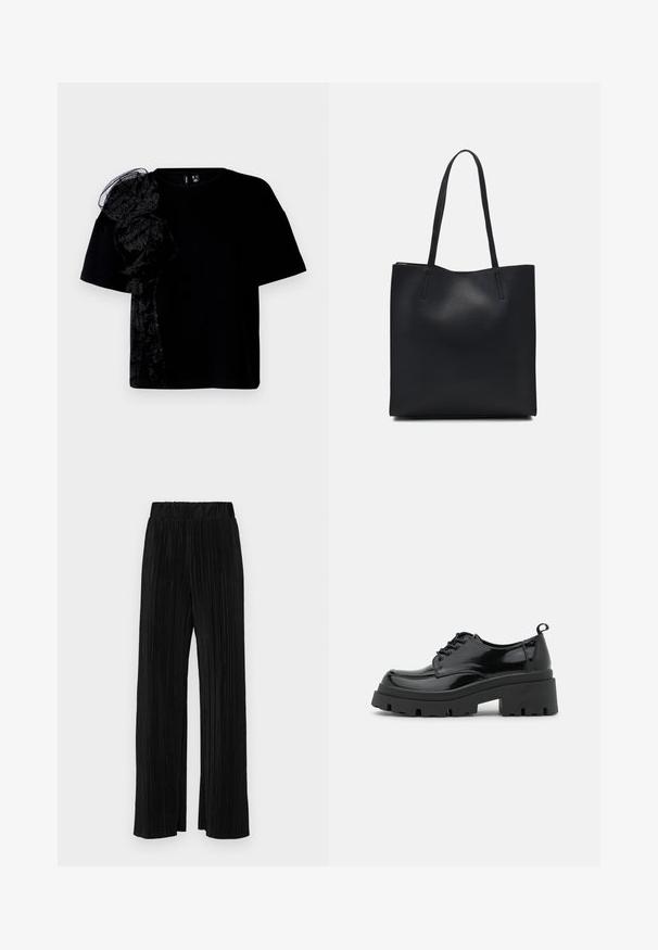 Juodas trumpas rankovė t-shirt su tekstūriniu juodu nėriniu kairėje petyje. Klasikinis apvalus iškirpimas ir laisva forma.; Juodi plisuoti kelnės su elastine juosta. Turėkite plačias kojas ir glotnų, tekstūrinį audinį su vertikaliais dryžiais.; Juodos lakinės odos bateliai su storu platformos padu ir storomis raištelėmis. Suapvalinta nosis, minimalus dekoravimas ir mažas kulno žymeklis nugaros pusėje.; Juodas odinis tote krepšys su lygia tekstūra, stačiakampio formos ir dviem ilgais rankenomis. Matomų metalinių detalių ar puošybos nėra.