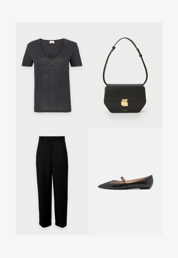 Tamsiai pilka trumpų rankovių marškinėliai su V formos iškirpte, turintys šiek tiek tekstūruotą medžiagą ir laisvą sijoną. Minimalistinis dizainas be matomų logotipų.; Juodi kelnės, pasiūtos iš lygios medžiagos, su sagčių uždarymu, diržo kilpomis ir tiesiomis kojomis.; Juodos odinės baleto bateliai su smailiu pirštu ir šoniniu dirželiu, papuoštu apvaliu auksiniu akcentu. Lengvi su plokščiu padu.; CLOSED CLOSED ONE - Rankinė per petį - black