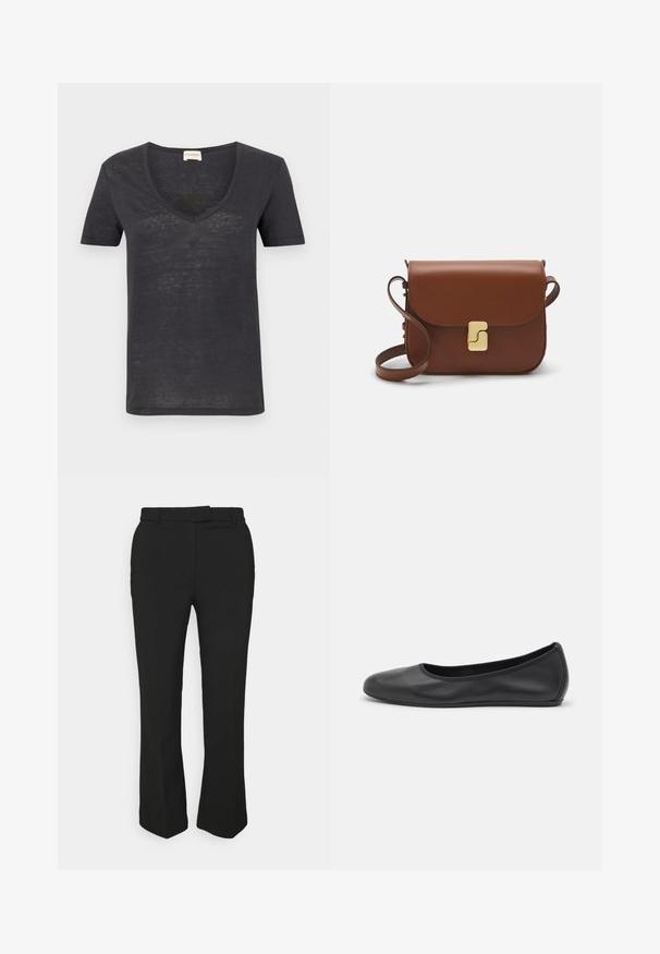 Tmavě šedé tričko s krátkým rukávem a výstřihem do V, vyrobené z lehce texturované tkaniny a s volným střihem. Minimalistický design bez viditelných log.; Černé kalhoty na míru se střihovým designem rovného nohavice, mají poutka na opasek a boční kapsy. Vyrobené z hladké tkaniny s čistým zakončením.; Černé kožené baletní byty s kulatou špičkou, hladkou texturou, minimálními švy a flexibilním designem podrážky.; Hnědá kožená kabelka s klopou, zlatými kovovými detaily, ramenním popruhem a hladkým povrchem. Kompaktní obdélníkový tvar.