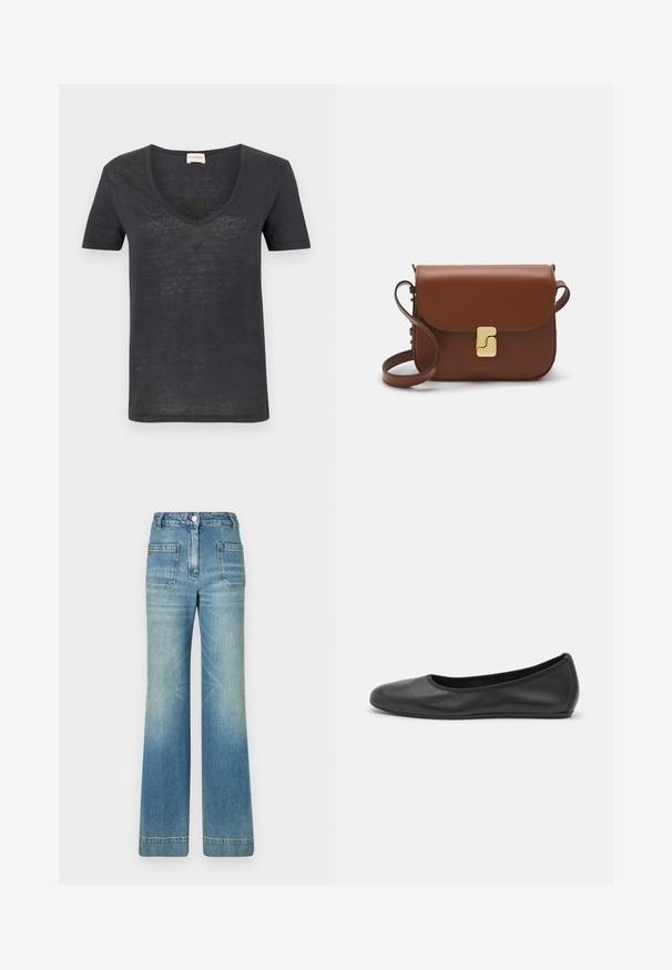 Tmavě šedé tričko s krátkým rukávem a výstřihem do V, vyrobené z lehce texturované tkaniny a s volným střihem. Minimalistický design bez viditelných log.; Světle modré džíny s rozšířenými nohavicemi, pěti kapsami, poutky na opasek, zapínáním na knoflík a mírně vybledlou texturou, s červeným logem na zadní straně.; Černé kožené baletní byty s kulatou špičkou, hladkou texturou, minimálními švy a flexibilním designem podrážky.; Hnědá kožená kabelka s klopou, zlatými kovovými detaily, ramenním popruhem a hladkým povrchem. Kompaktní obdélníkový tvar.