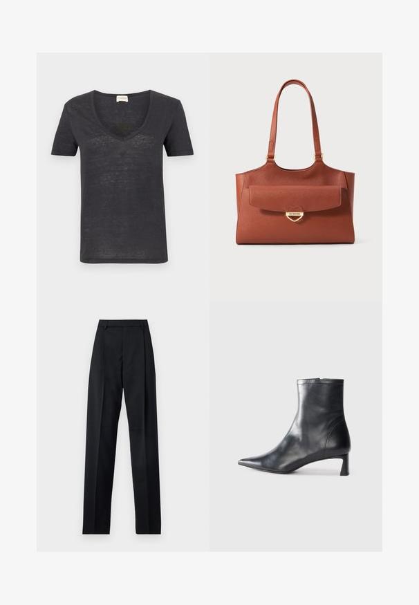 Tumši pelēks īsās piedurknes T-krekls ar V veida kakla izgriezumu, ar nedaudz strukturētu audumu un brīvu piegriezumu. Minimālisma dizains bez redzamām precēm.; Melnas bikses, izgatavotas no gludas auduma, ar augstu vidukli, platiem bikšu galdniekiem, priekšējiem krokām un klasiskām jostu cilpām. Sānu kabatas nav redzamas.; Melnas ādas potītes zābaki ar norādītu pirkstu un elegantu dizainu. Iezīmē zemu papēdi un rāvējslēdzēja aizdari aizmugurē. Gluda tekstūra.; Brūna ādas somiņa ar garām rokturiem, priekšējā kabata ar atloku un zelta sirds formas sprādze, uz kuras ir iegravēts "Love Moschino."