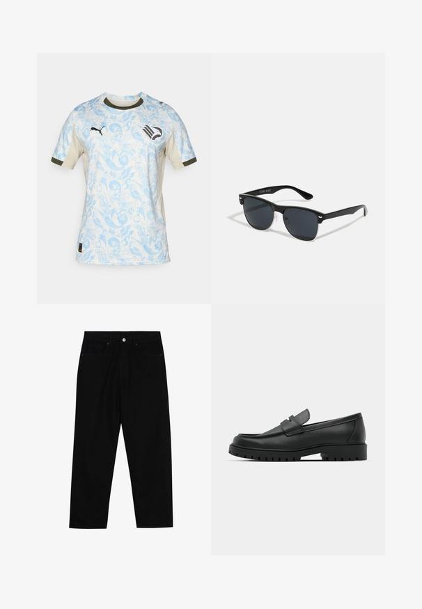 Camisola de futebol com padrão paisley azul claro, com o logotipo preto da Puma no lado direito do peito e um emblema de pássaro em preto e branco no lado esquerdo do peito.; Calças de ganga pretas com corte straight-leg, design de cinco bolsos e fecho frontal por botão. Tecido suave com detalhes de costura mínimos.; Sapatilhas de couro preto com bico arredondado, apresentando um design cosido, sola de plataforma baixa e um solado de borracha texturizado e com cravos.; Óculos de sol pretos com forma retangular, lentes escuras, detalhes em prata nas hastes e um acabamento mate na armação.
