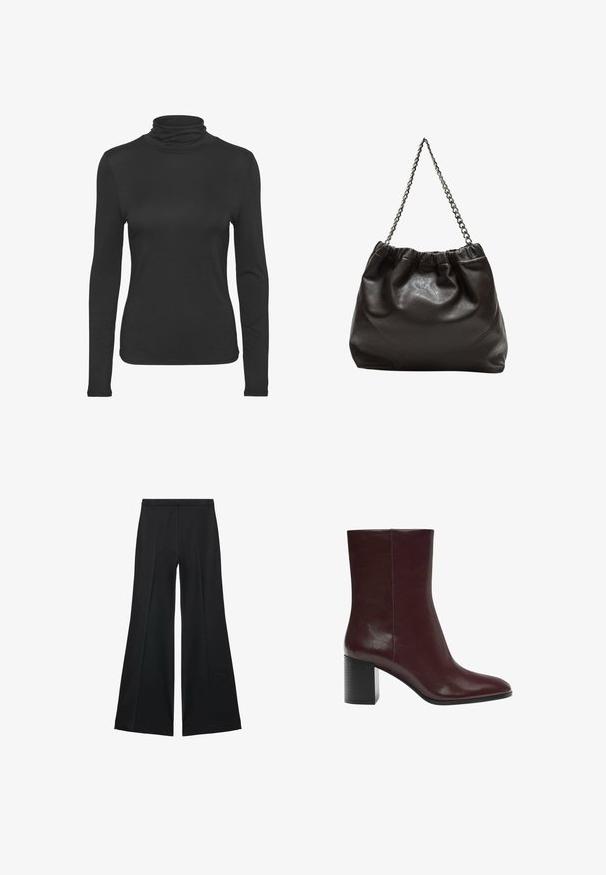 Crna majica s dugim rukavima i rolkom, izrađena od glatkog, elastičnog materijala. Ima uski kroj i klasičnu visoku kragnu.; Crne široke hlače s glatkom teksturom, koje imaju prednje nabore i kroj po mjeri. Tkanina je lagana i lepršava.; Bordo gležnjače od glatke kože, s zanimljivim vrhom i robusnom, strukturiranom crnom petom. Minimalistički dizajn s čistim linijama.; Smeđa kožna torba s naboranim vrhom i lančićem za nošenje. Glatka tekstura s sjajnim završetkom i suptilnim šavnim detaljima sa strane.