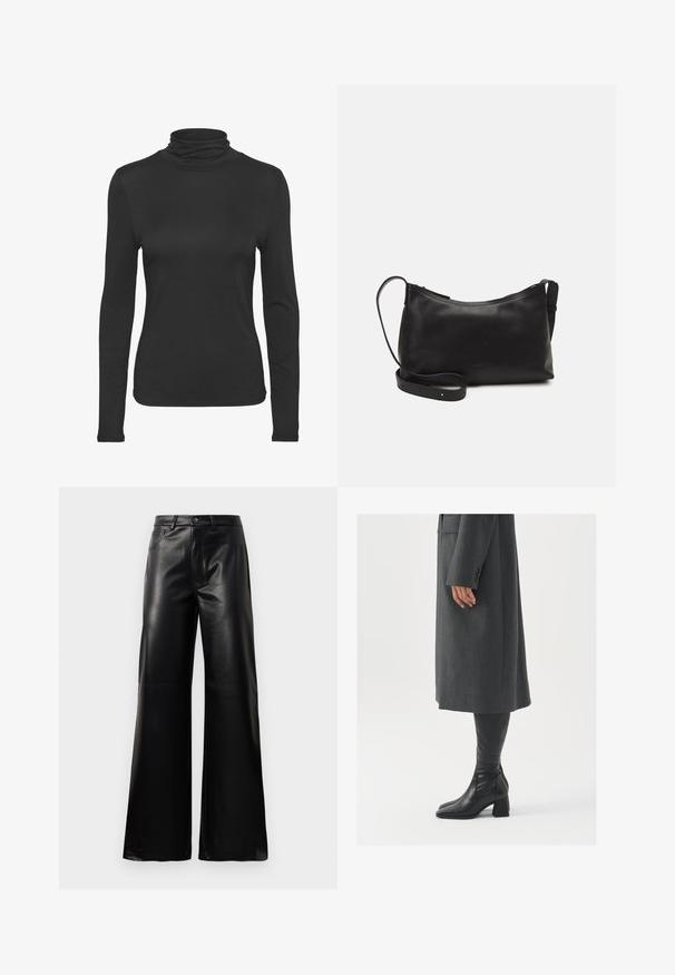 Fekete, hosszú ujjú garbó, sima, rugalmas anyagból készült. Fitted szabású, klasszikus magas gallérral rendelkezik.; Fekete, magas derekú, széles lábú, műbőr nadrág elülső gombbal, cipzárral, övbújtatókkal és oldalsó zsebekkel, fehér háttérrel.; Szürke, szabott overál, egyenes vonallal; térd fölé érő fekete bőrcsizmákkal párosítva, négyzetes orral és vastag sarokkal.; Fekete bőr válltáska sima felülettel, ívelt formával, állítható pánttal és cipzáras záródással. Minimalista dizájn díszítmények nélkül.