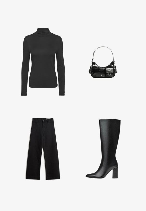 Fekete, hosszú ujjú garbó, sima, rugalmas anyagból készült. Fitted szabású, klasszikus magas gallérral rendelkezik.; Fekete, bő szabású farmernadrág magas derékkal, elülső és hátsó zsebekkel, varrott felületekkel és gombos záródással. Sima textúra.; Fekete, térd fölé érő csizma műbőrből, hegyes orral, sima felülettel és tömör, blokk sarkú kialakítással. Minimalista dizájn, látható díszítések nélkül.; Fekete lakkbőr kézitáska ívelt formával, egy vállpánttal, elülső zsebekkel és ezüstszínű fémrészletekkel.