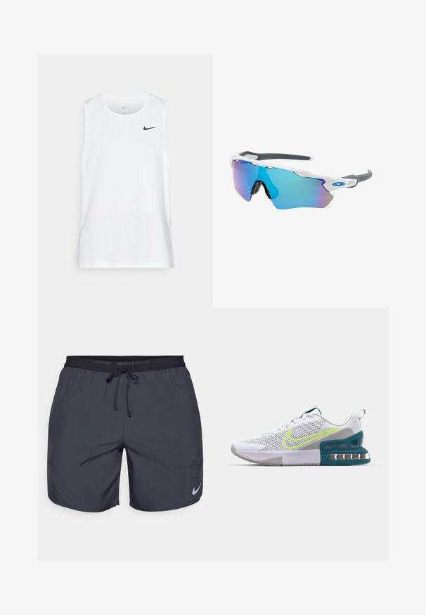 Valkoinen olkaimettomu urheilullinen t-paita, joka on valmistettu kosteutta siirtävästä kankaasta. Vasemmassa rinnassa musta Nike-logo. Sujuva rakenne.; Juoksushortsit tummanharmaana, joissa on elastinen vyötärö ja nyöri sekä hopeinen logo vasemmassa alalaidassa.; Valkoiset urheilukengät verkkomateriaalista, neonkeltaisilla yksityiskohdilla, turkoosilla korolla ja paksulla, kuvioidulla pohjalla.; Aurinkolasit valkoisella muodolla, harmailla yksityiskohdilla ja sinisillä peilipinnoilla. Urheilullinen muotoilu, ympäröivä malli ja säädettävät nenätyynyt.