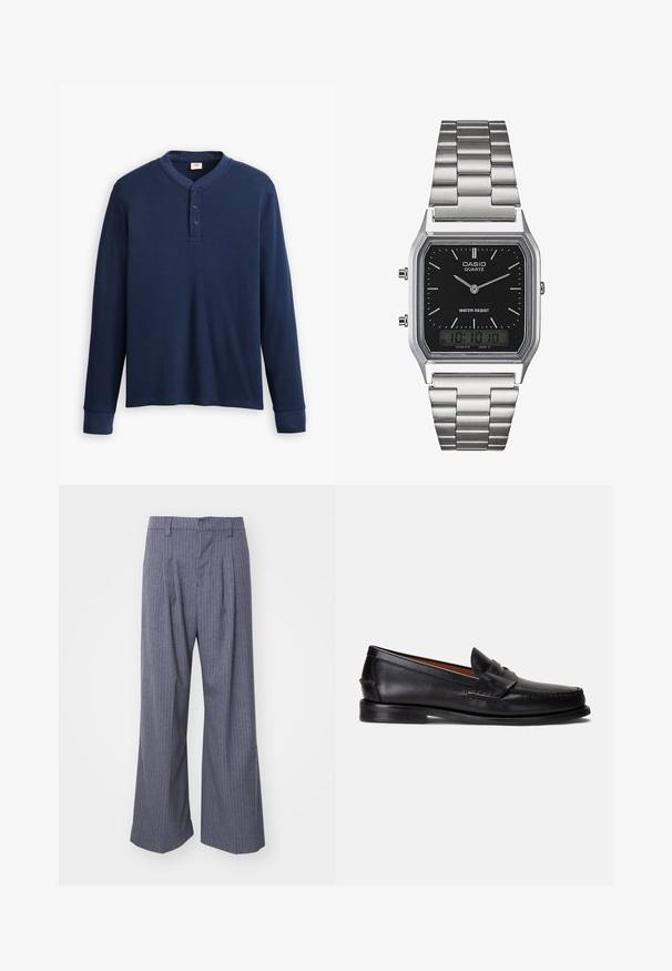 Halenka s dlouhým rukávem v námořnické modré barvě, vyrobená z kotoučového materiálu. Má kulatý výstřih a zapínání na tři knoflíky. Manžety jsou přiléhavé.; Šedé pruhované kalhoty s širokým střihem, zdobené sklady na přední straně a hladkou texturou. Žádné viditelné doplňky nebo akcenty.; Černé kožené mokasíny s hladkým povrchem, zaoblenou špičkou a ozdobným páskem přes horní část. Mají nízkou černou podrážku.; Stříbrné nerezové ocelové hodinky s quartzovým strojem a černým obdélníkovým ciferníkem, které mají analogové ručičky, digitální displej a označení voděodolnosti.