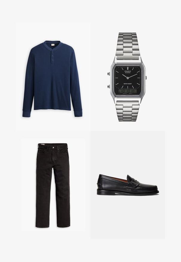 Mørkeblå langermet henley-skjorte laget av ribbet stoff. Har rund halslinning og tre knapper. Ermene er tettsittende.; Svarte rette dongeribukser med fem lommer, knappefeste og beltehemper, lagt flatt på en hvit bakgrunn.; Sorte skinnloafers med glatt finish, avrundet tå og et dekorativt bånd over vristen. Har en lav svart såle.; Sølv rustfritt stål kvartsur med en svart rektangulær urskive, med analoge visere, digital skjerm og vanntetthetsmerke.