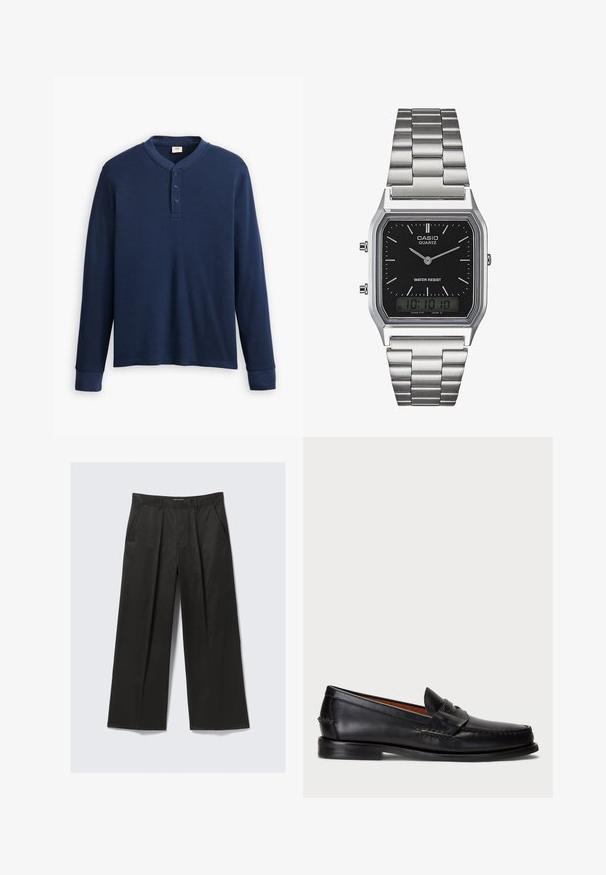 Long-sleeve navy blue henley shirt made of ribbed fabric. Features a round neckline and three button placket. Cuffs are fitted.; Black wide-leg trousers with a smooth texture, featuring two front pockets and a slightly raised waistband.; Black leather loafer with a rounded toe, stitched detailing, and a decorative strap across the front. Flat sole with minimal profile.; Silver stainless steel quartz watch with a black rectangular face, featuring analog hands, digital display, and water resistance label.